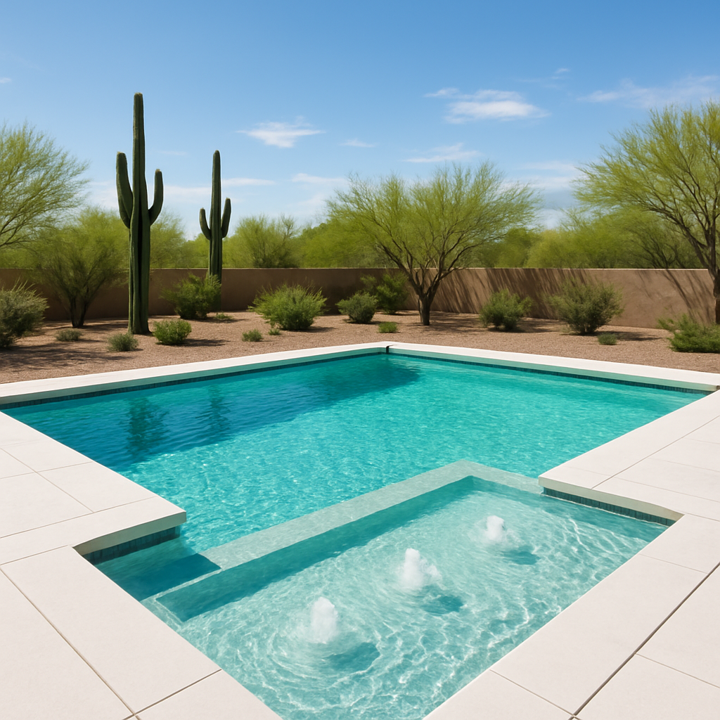 Modern geometric swimming pool with sun shelf and bubblers in Arizona