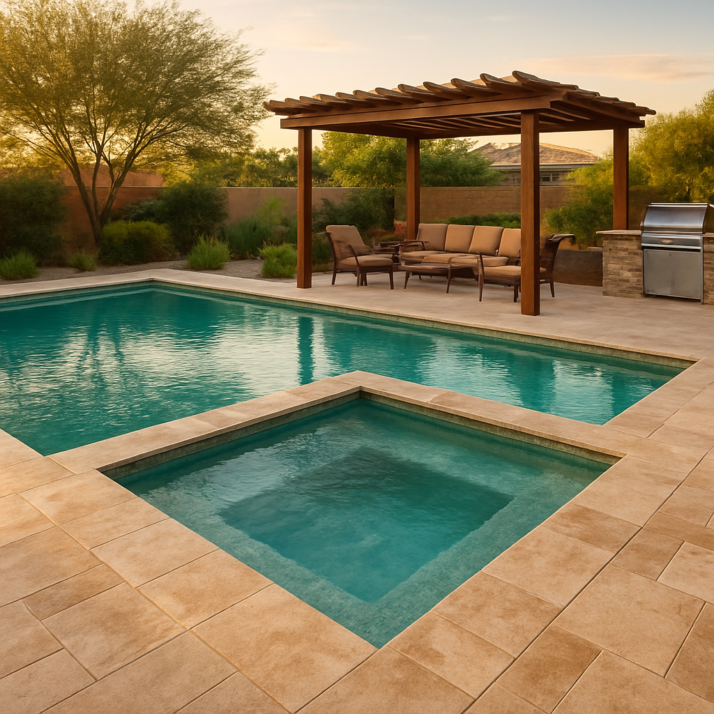 Pool and spa combination with travertine deck and pergola seating area