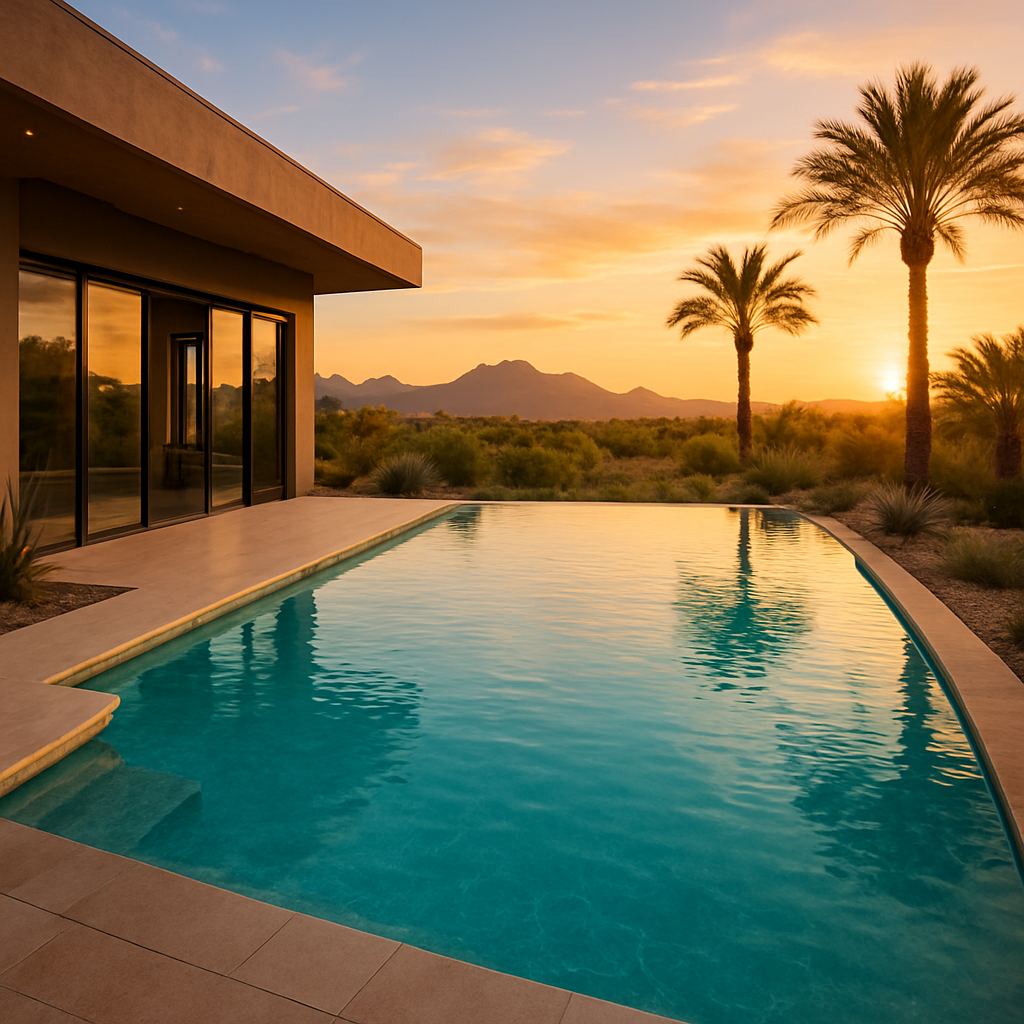 Luxury custom backyard swimming pool built by Optima Pools at golden hour in Arizona